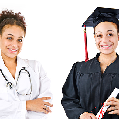 Image features two portraits of the same individual, celebrating her progression through RN-MSN programs. On the left, she is in a white lab coat with a stethoscope, symbolizing her role as a Registered Nurse. On the right, she dons a black graduation cap and gown, proudly holding a diploma with a red ribbon, marking her achievement of a Master of Science in Nursing.