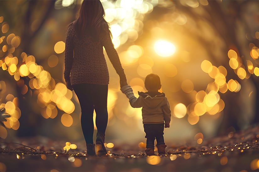An image of a woman and a small child holding hands and walking down a wooded path at sunset. Only their backs are visible in the golden light as they walk away.