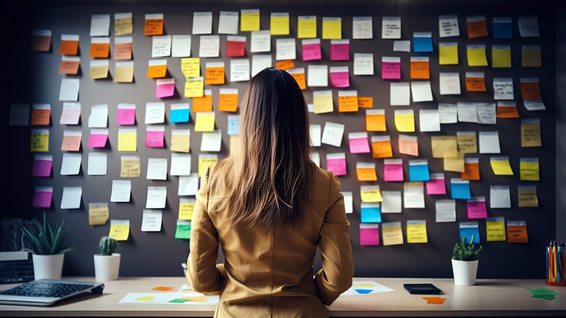 A person with long brown hair is facing a black bulletin board which is full of dozens of colorful notes which are organized into rows and columns.