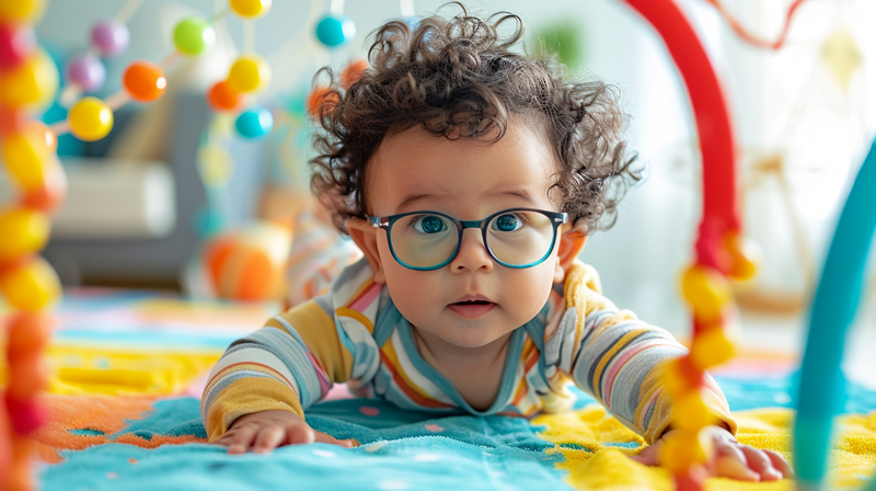 A baby with beautiful curly brown hair and wearing blue eyeglasses is lying on their stomach on a colorful blanket. The baby is looking up with an inquisitive gaze, and multiple toys and mobiles can be seen in the distance.